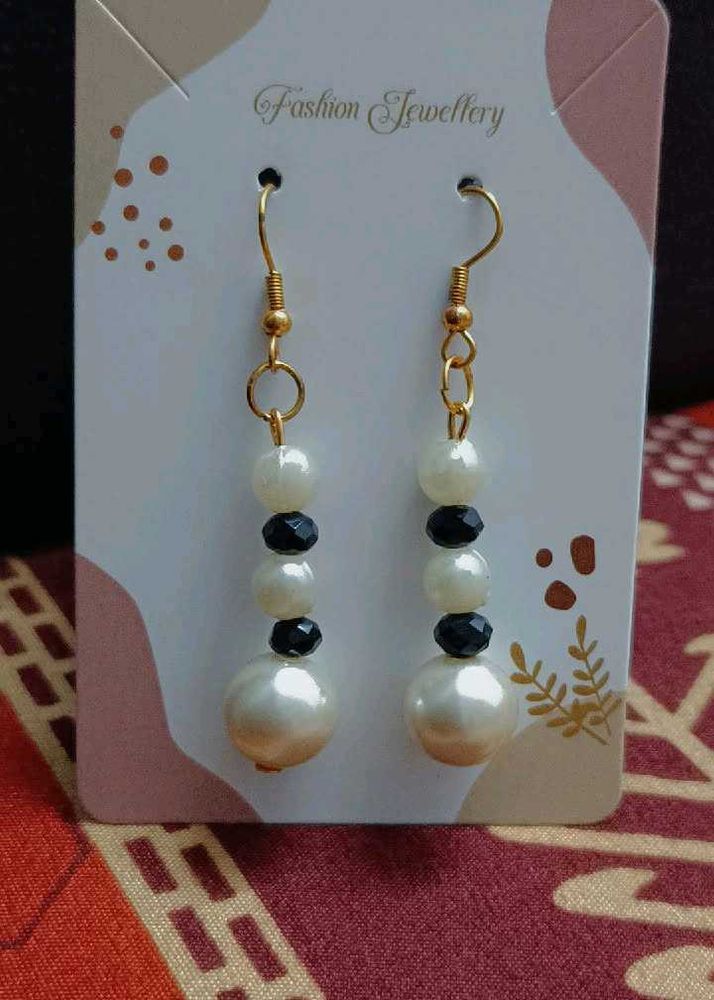 Pearl &amp; Black Bead Dangle Earrings