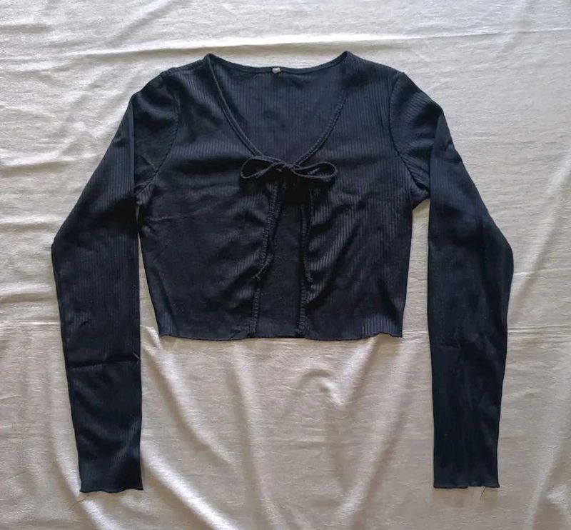 Ribbed Tie-Front Long Sleeve Top