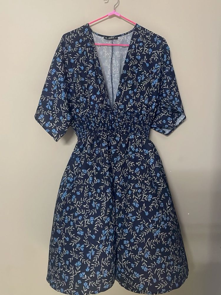 Navy Blue Printed Midi Dress/Shrug