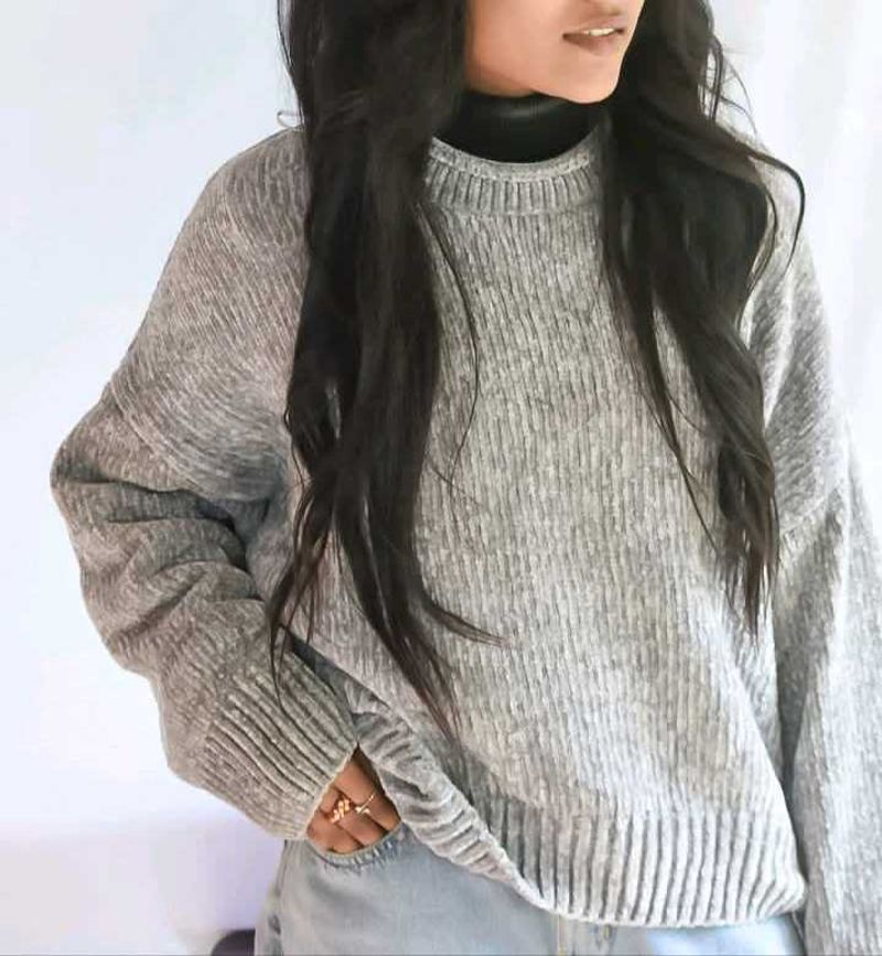 Cozy Grey Ribbed Knit Sweater
