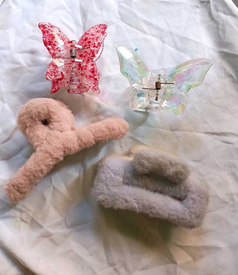 4 Hair Clip Bundle butterfly &amp; fur / fuzzy