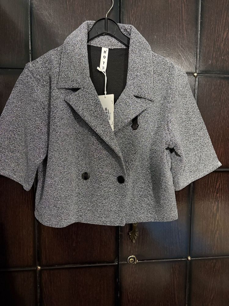 Gray Cropped Double-Breasted Blazer