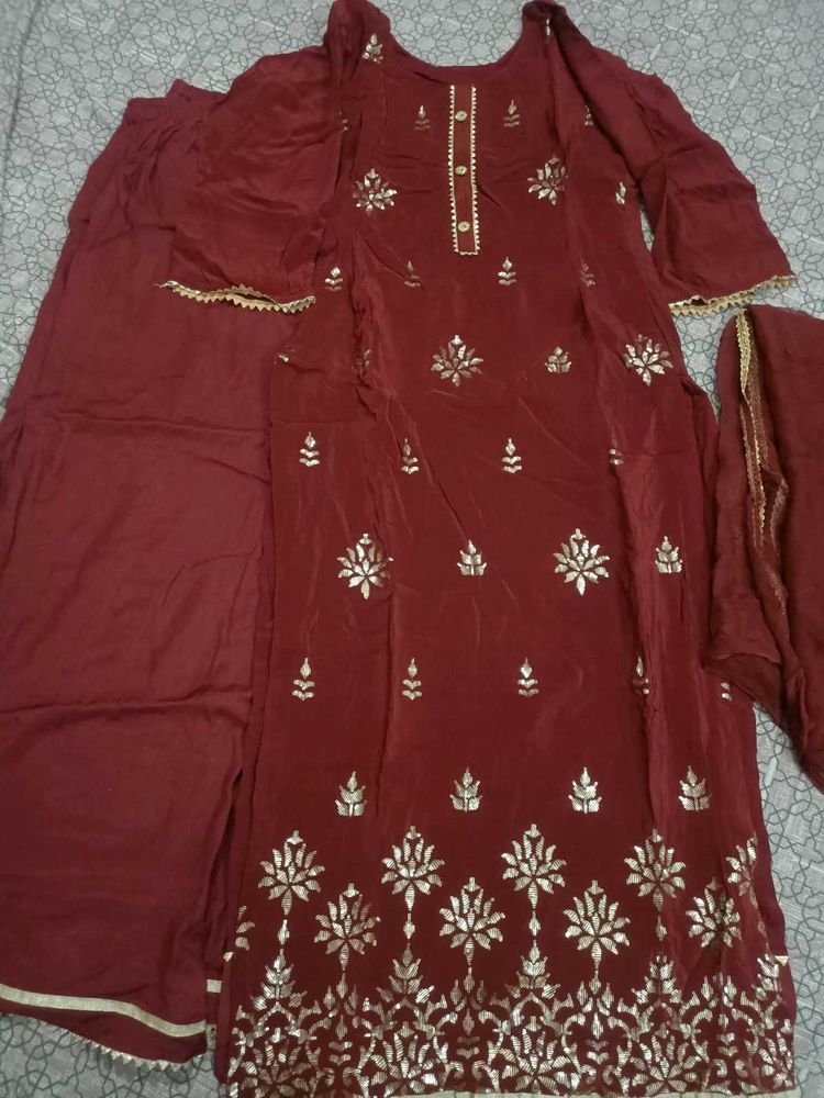Maroon Plazzo Kameez with Gold Detail