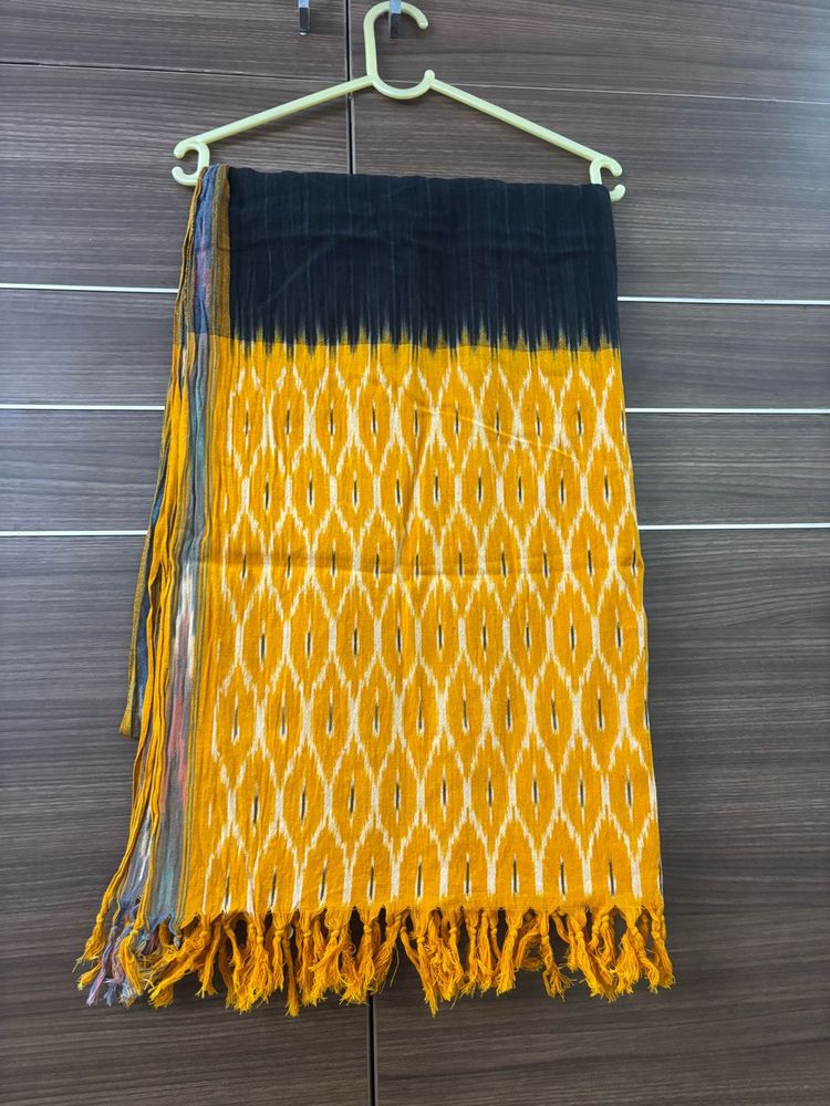 Pure Ikkat Cotton Dupatta Black With Yellow Border