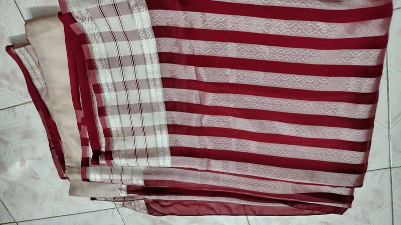 Red &amp; White Striped Saree