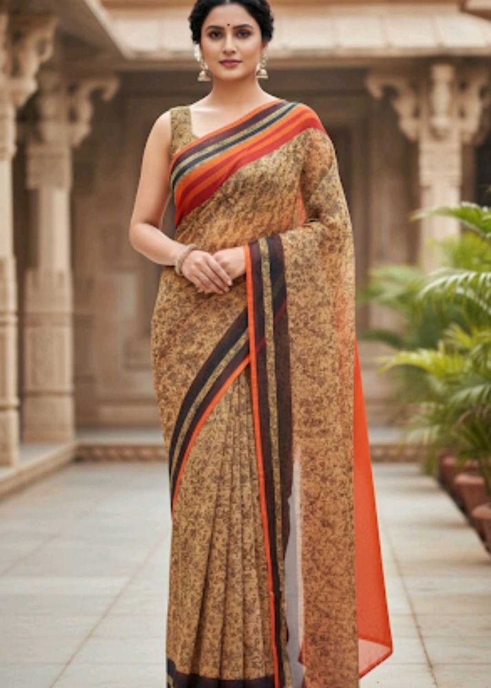 Elegant Brown Floral Print Saree