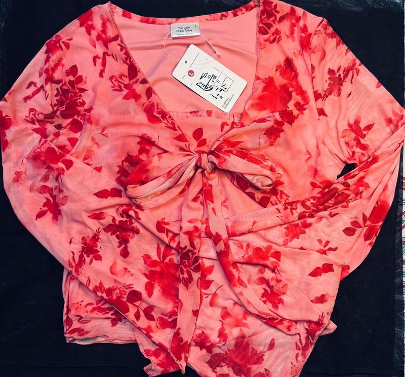 Floral Print Tie Front Bell SleeveMesh Crop Top