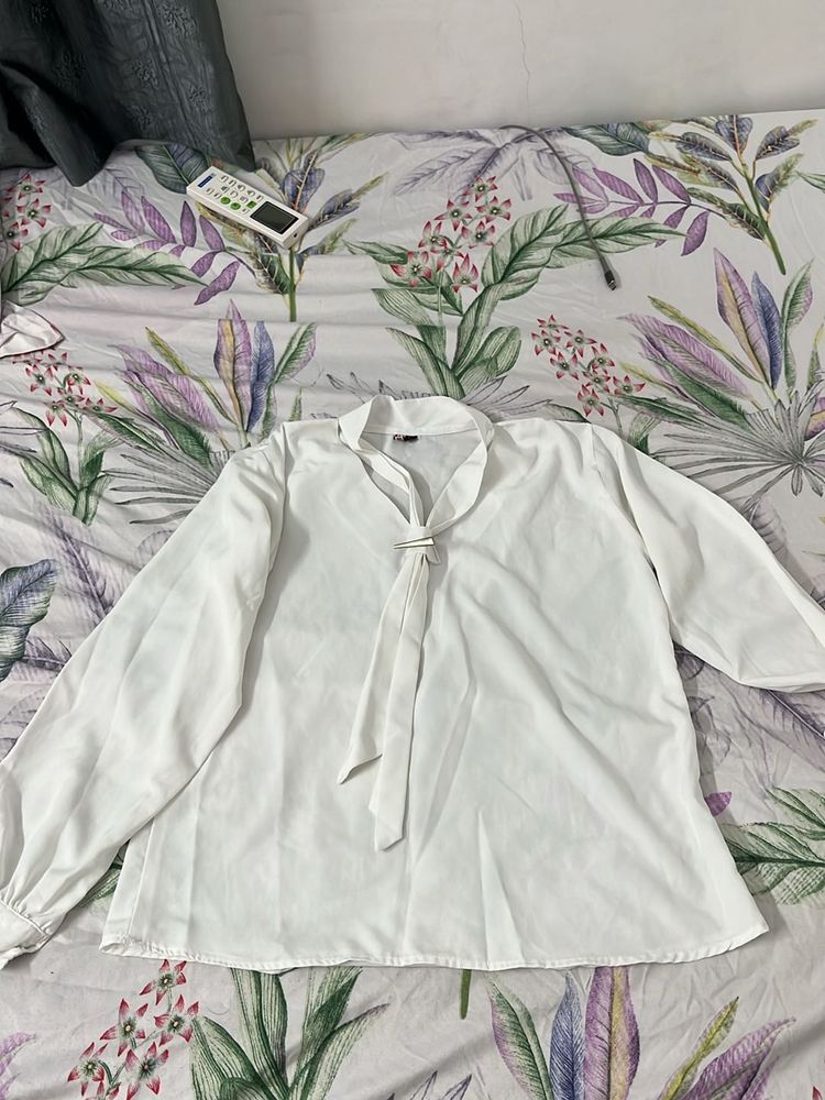 White Tie-Neck Blouse
