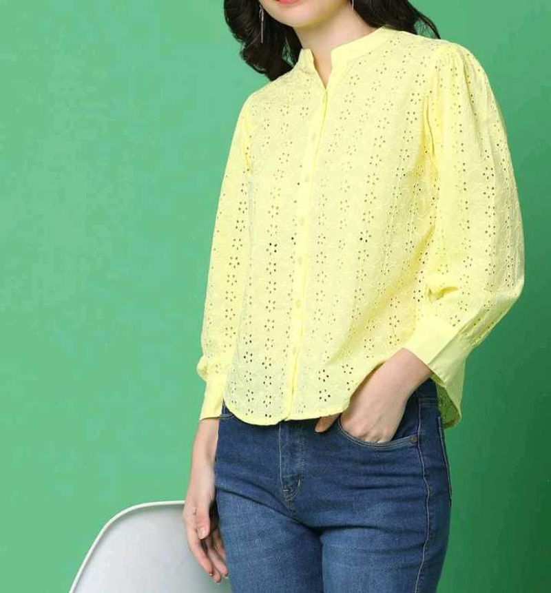 Embroidered Solid Schiffli Mandarin Coller Top