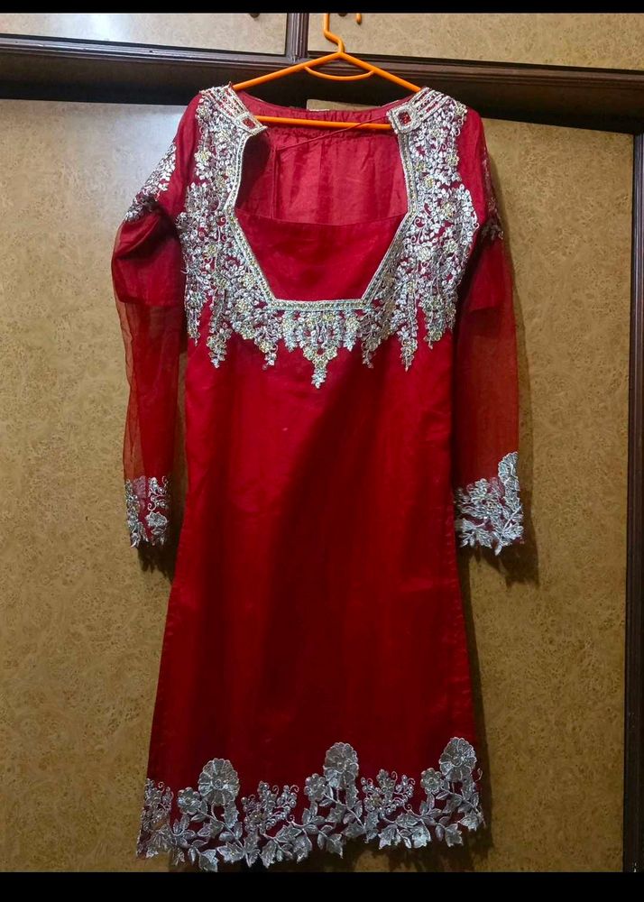 Red &amp; Silver Embellished Kurti
