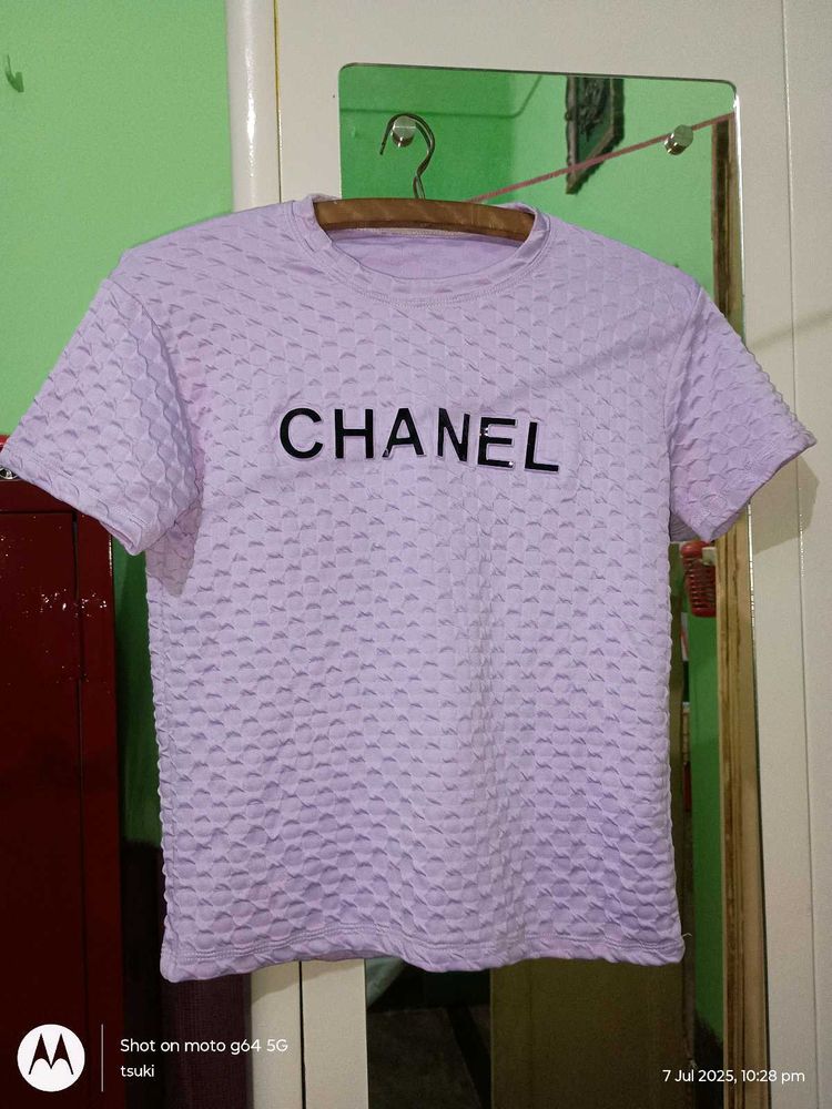 textured lavender mauve top chanel printed