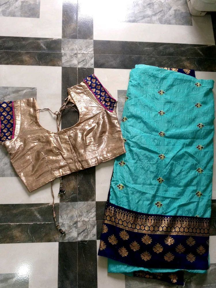 Teal &amp; Gold Sari Fabric with Blouse