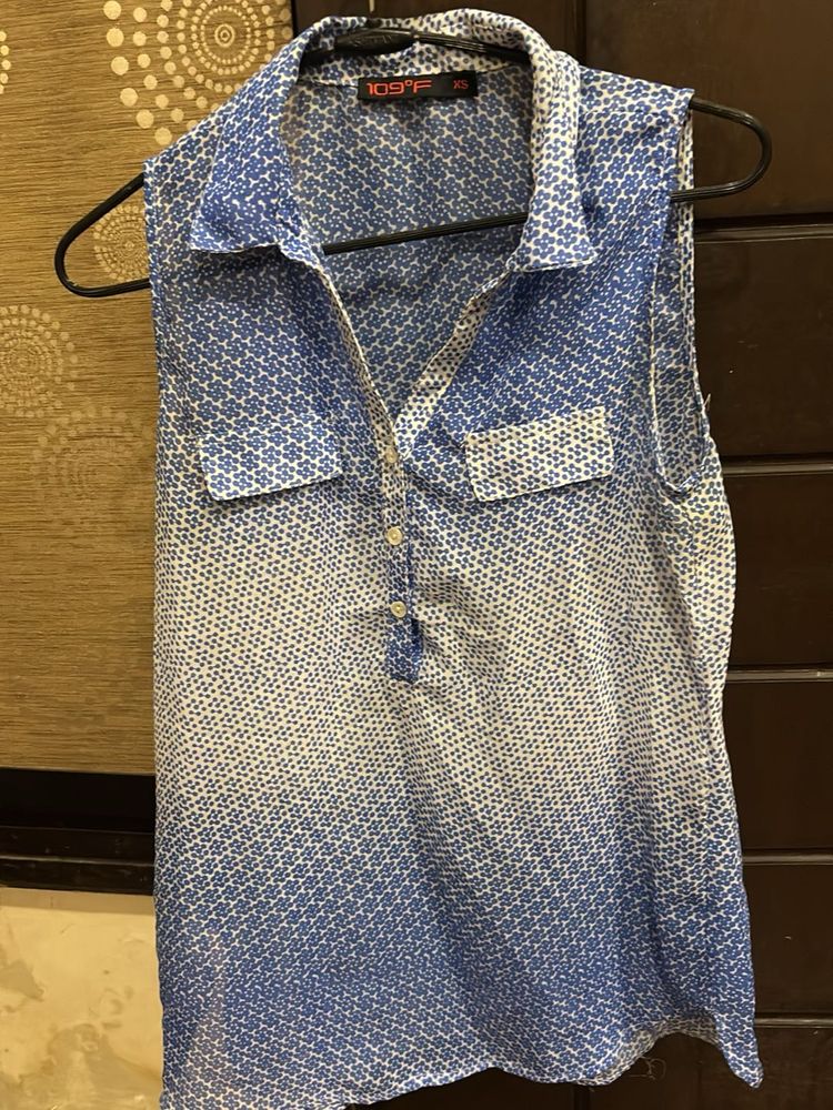 Blue &amp; White Sleeveless see through Top