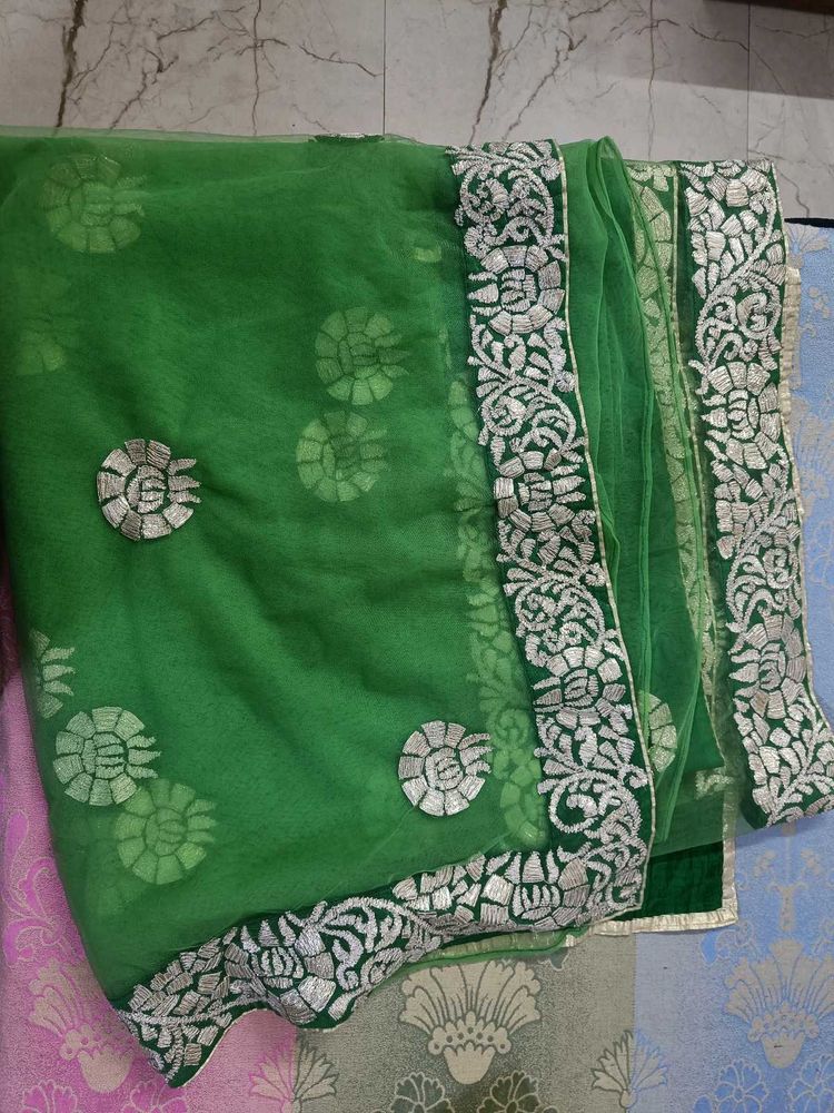 Elegant Green Net saree with gotawork border