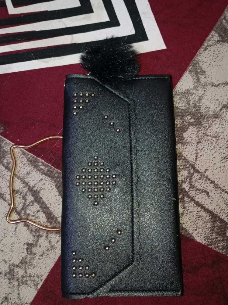 Black Studded Wallet with Pom