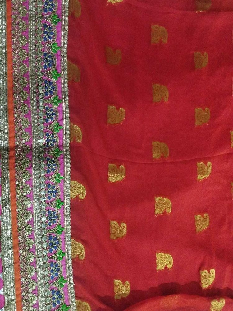 Orange &amp; Golden Print Saree