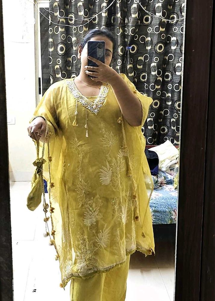 Yellow Kaftan Party Wear Set With Pant And Bag