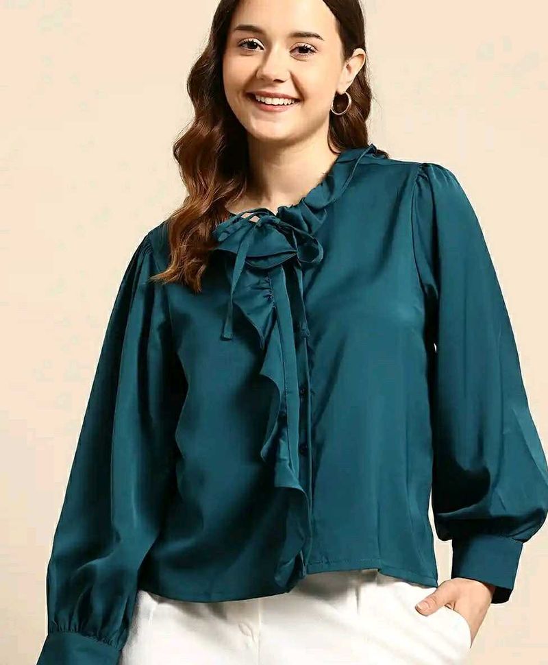 Elegant Teal Tie-Neck Blouse