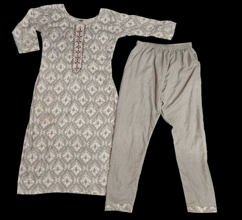 Light Silver Gray Printed Kurti Pant Set