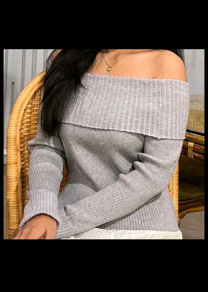 Gray Off-Shoulder Knit Top