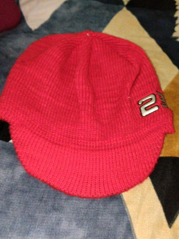 Red Knit Cap with Visor