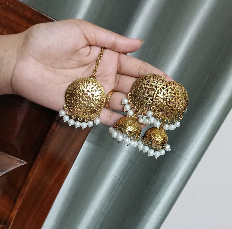 Golden Jhumka Earrings with Pearls
