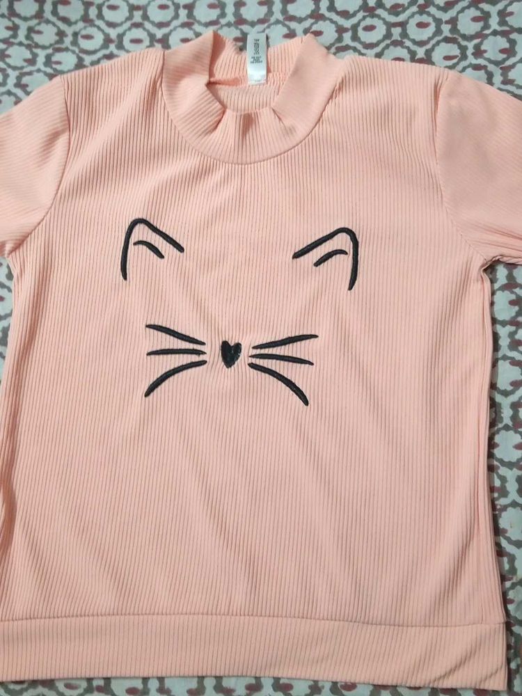 Cute Peach Ribbed Kitty Top, Meowww!!