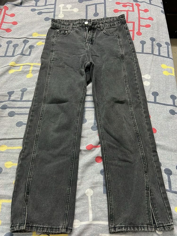 Grey Split Hem Straight Leg Jeans