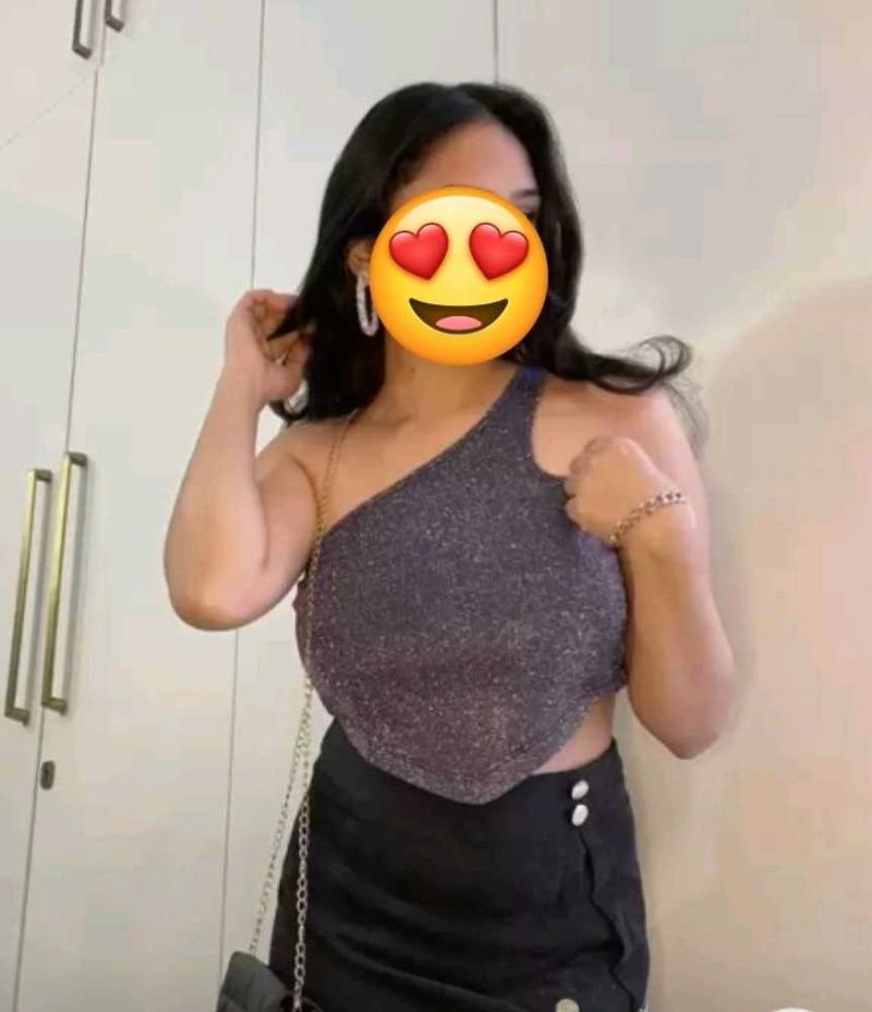 Women Navy Blue Shimmer One Shoulder Crop Top