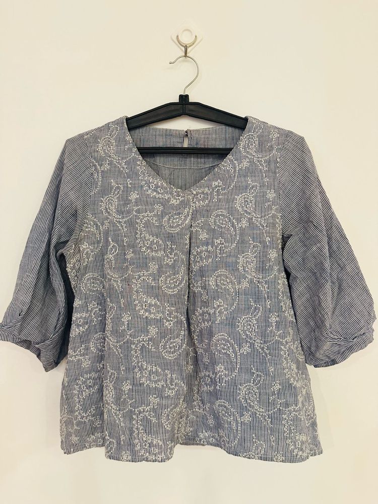 Blue &amp; White Floral Embroidered Top