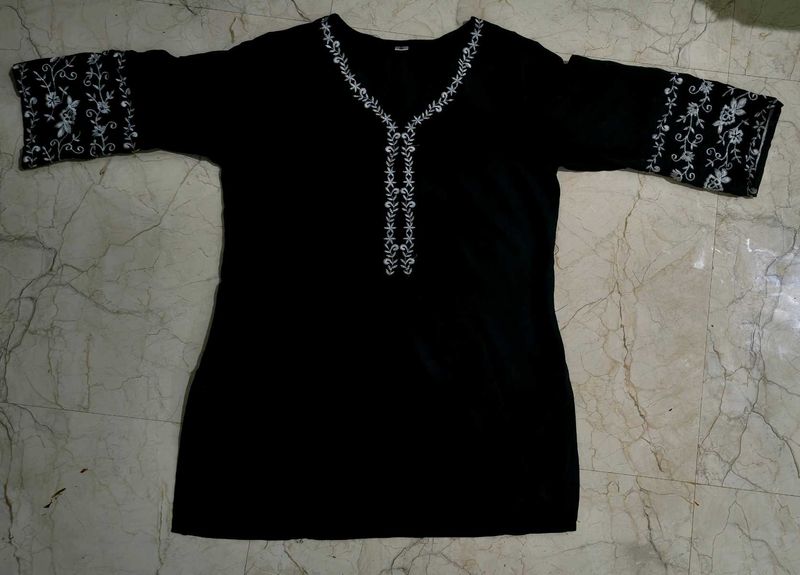 Elegant Black Embroidered Short Kurta ll L Size