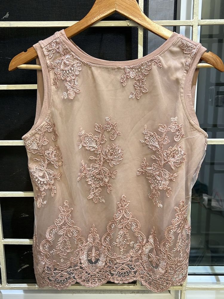 Beige net Embroidered Top