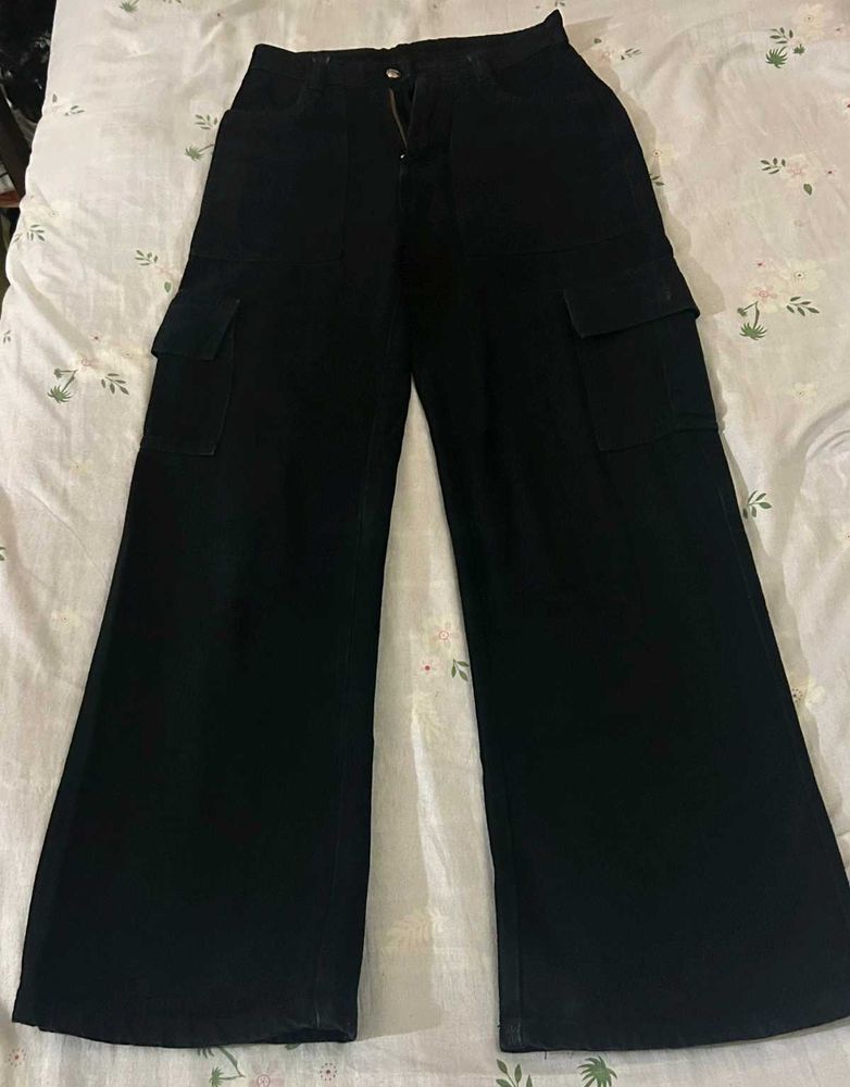 Black Cargo Wide Leg Jeans
