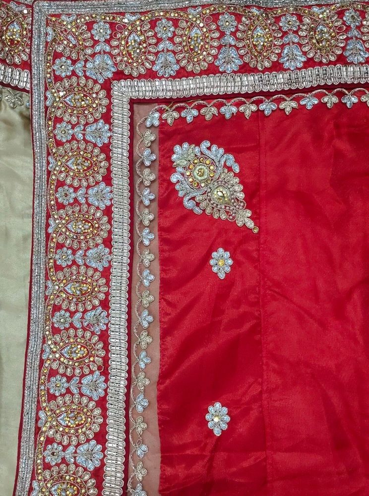 Red With Sandal Net &amp; Silk Saree
