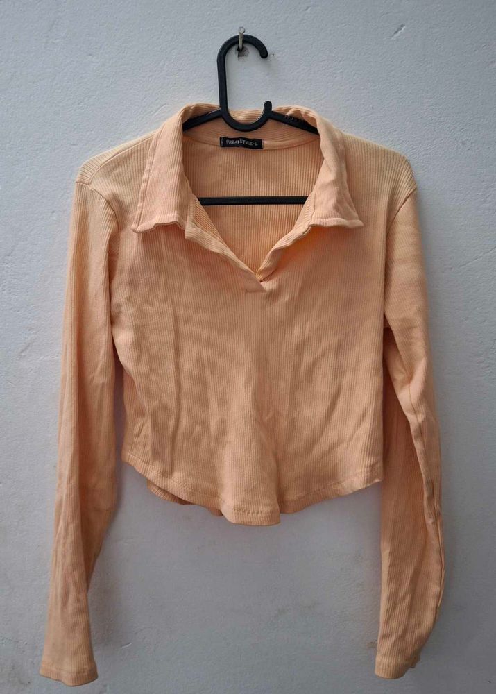 Peach Ribbed Polo Crop Top