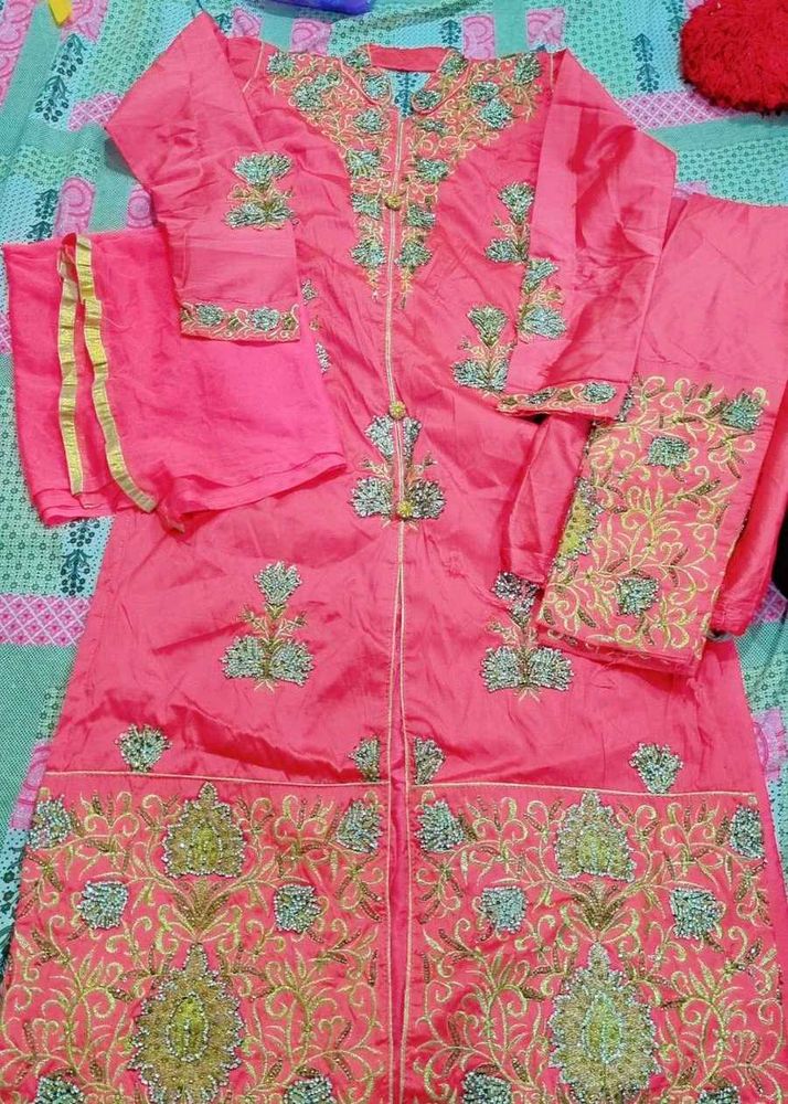 Embroidered Kurta Set With Open Sherwani Pattern