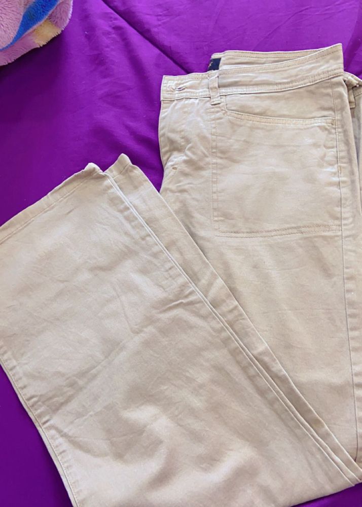 beige wide length straight leg jeans