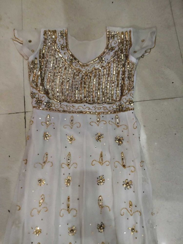 White &amp; Gold Embellished Anarkali Dress