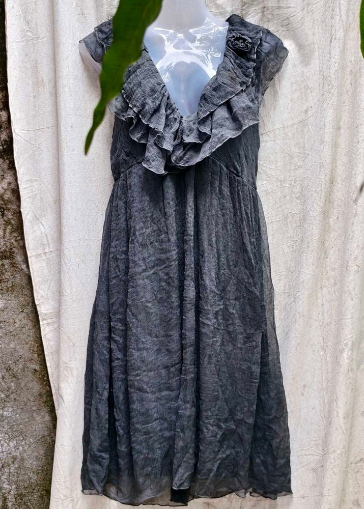 19318. Elegant Grey Ruffled Dress