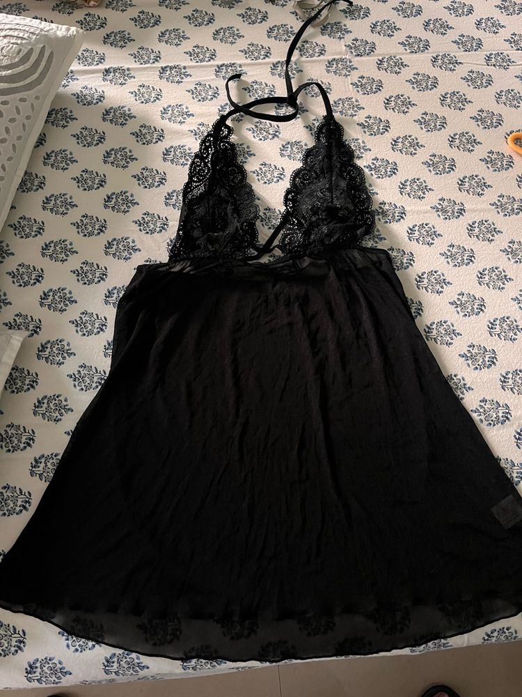 Lace Detail Black Lingerie Dress