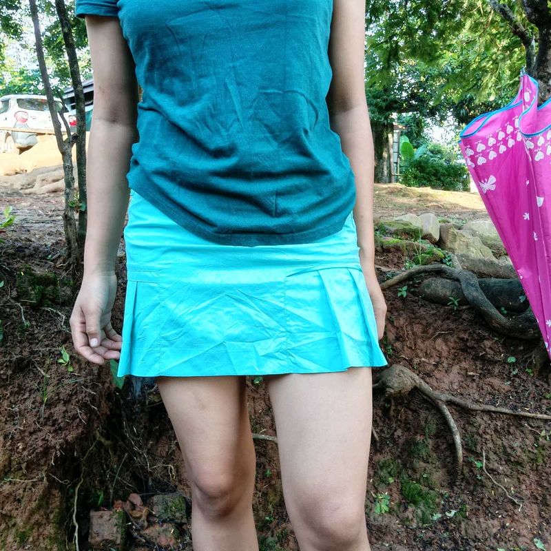 Blue Pleated Mini Skirt With Shorts