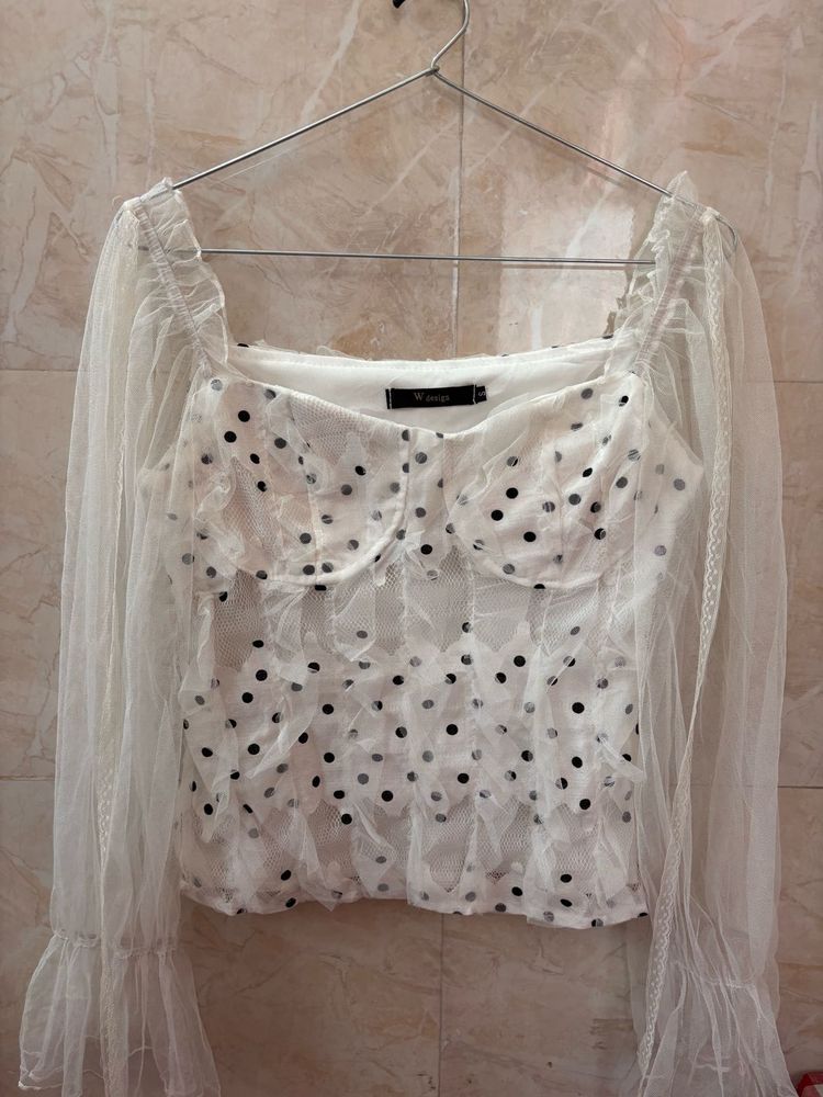Polka Dot Mesh Long Sleeve Top