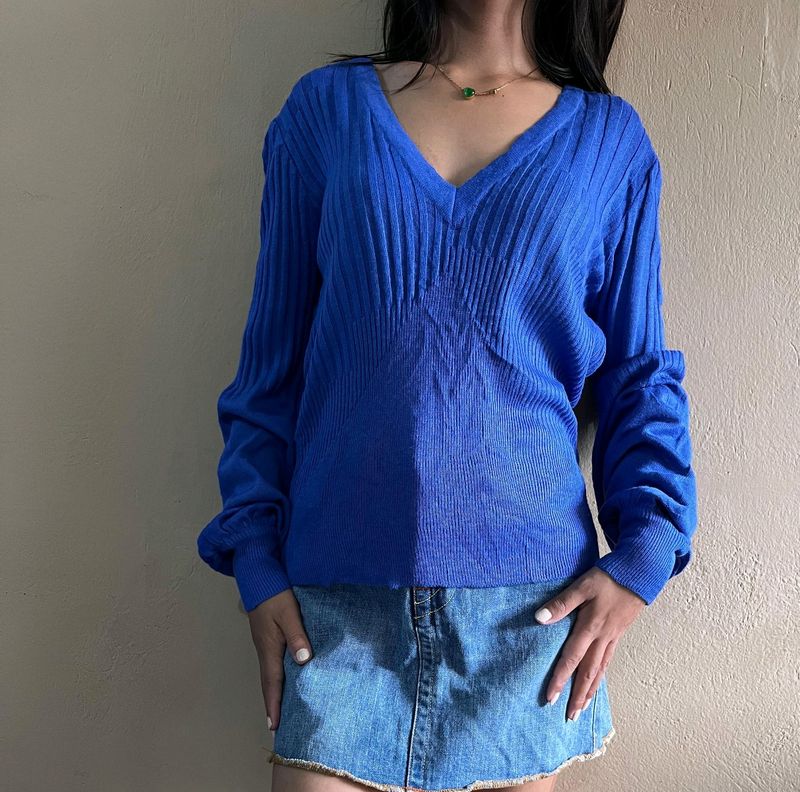 Blue V-neck Puff Sleeve Sweater 🎀