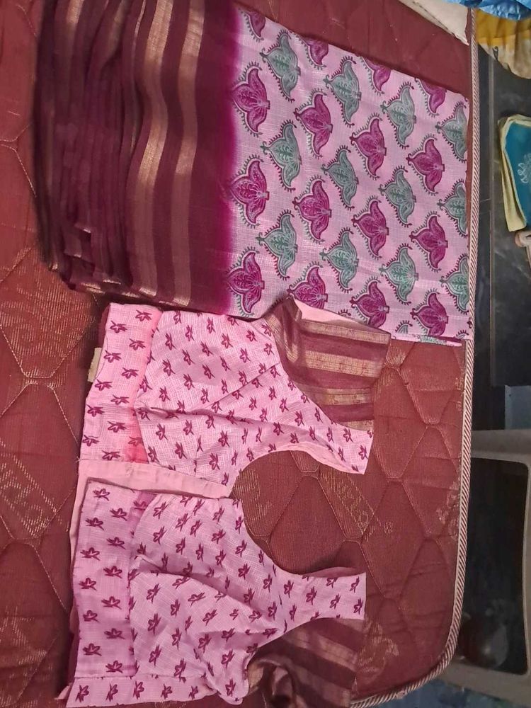 Pink Printed Saree with Blouse Piece