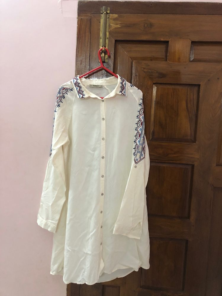 White Embroidered Long Shirt Top