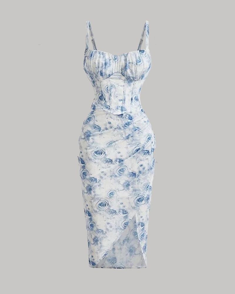 Floral Print Spaghetti Strap Empire Waist Asymmetr