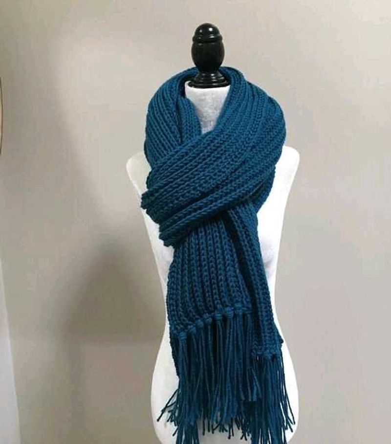 Cozy Blue Knit Scarf with Fringe