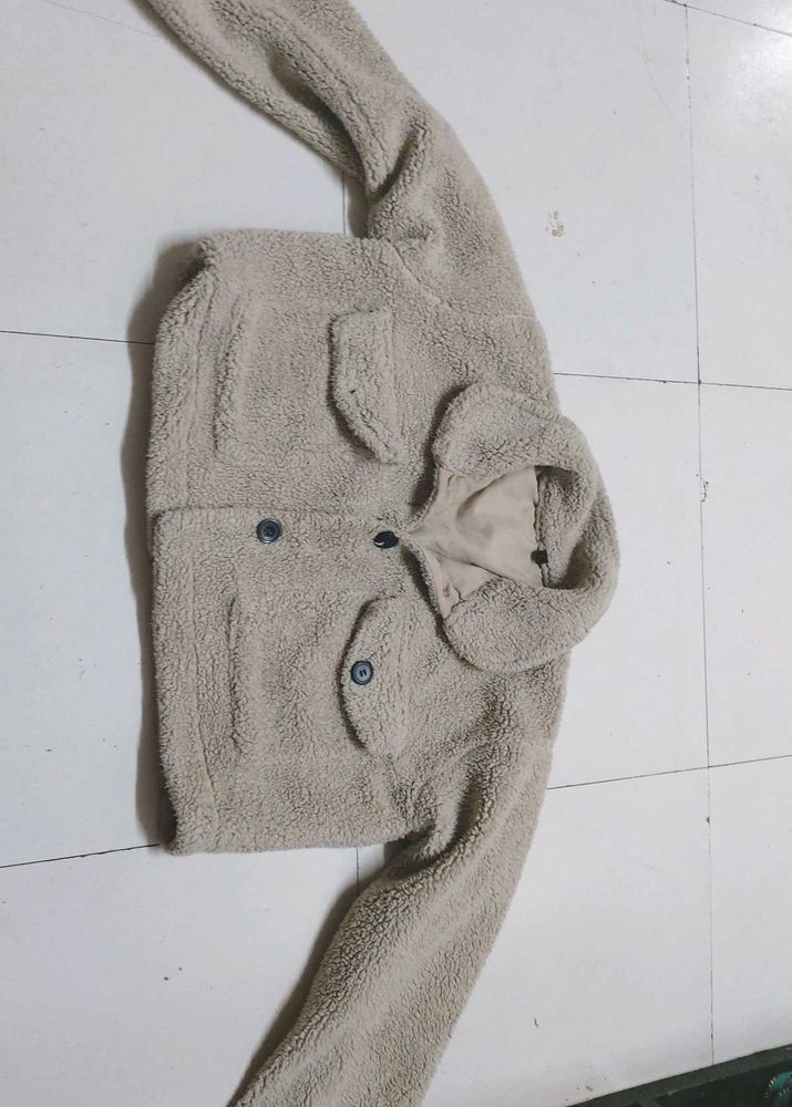 Beige Fleece Button-Up Jacket