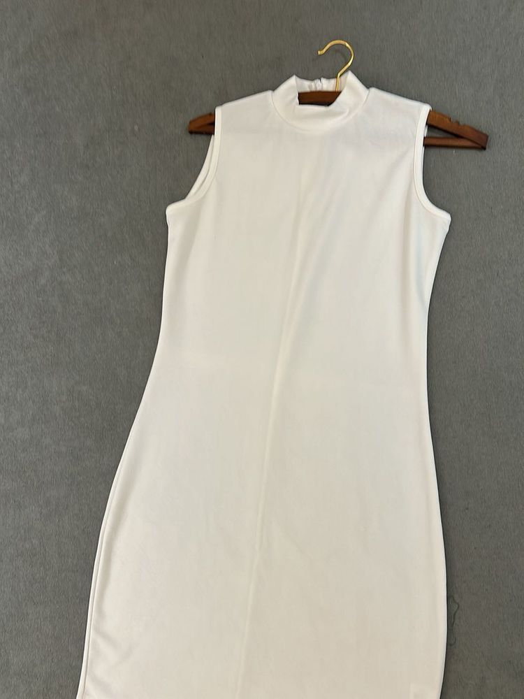 White Sleeveless Mock Neck Dress