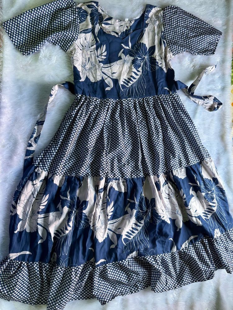 Blue Floral Print Midi Dress